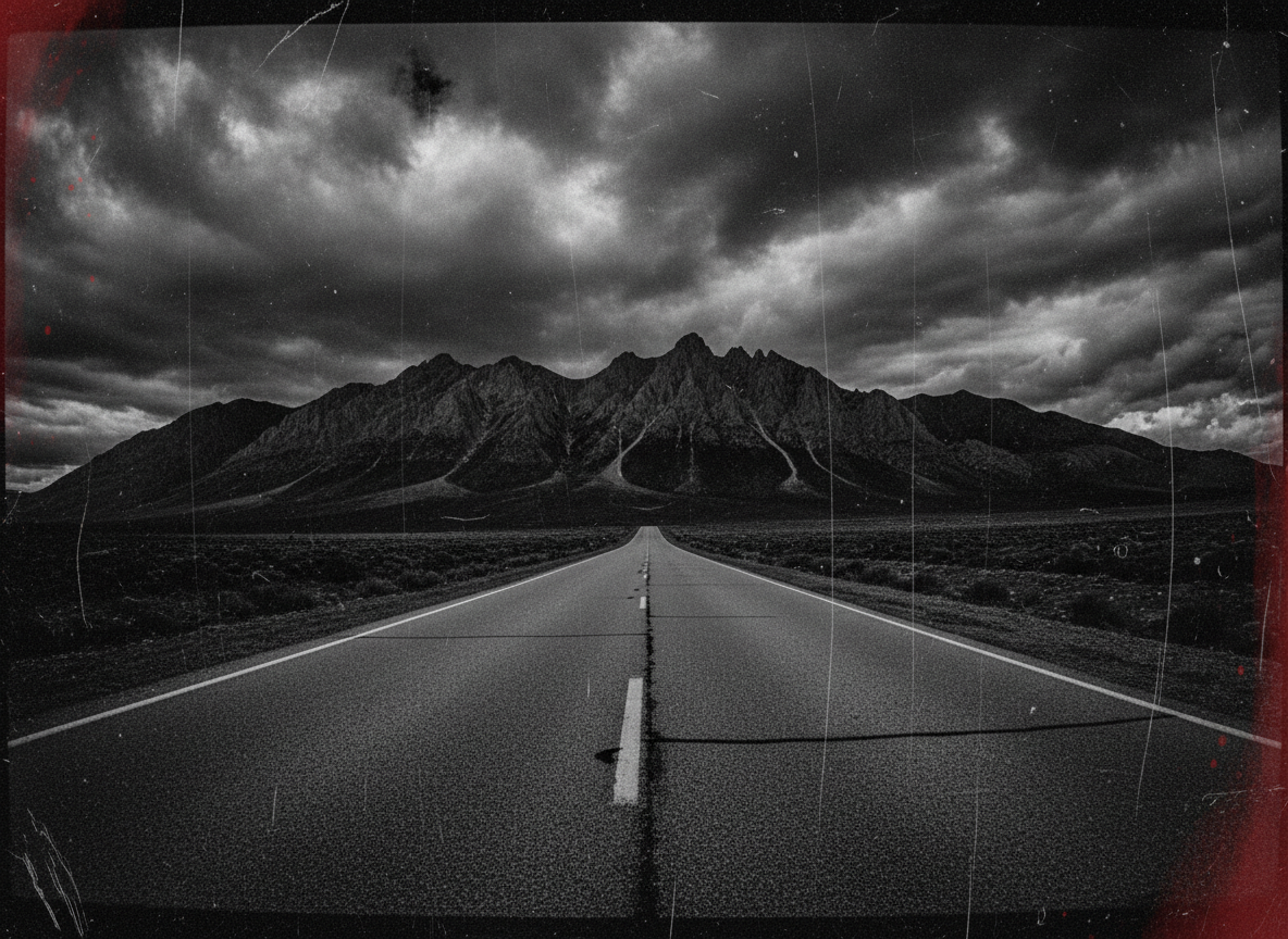 Dark empty highway through rugged mountains under stormy clouds
