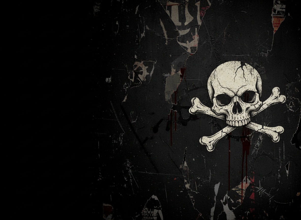 Distressed skull and crossed bones graphic on black