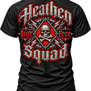 Live Free skull graphic T-shirt back mockup by Heathen Squad