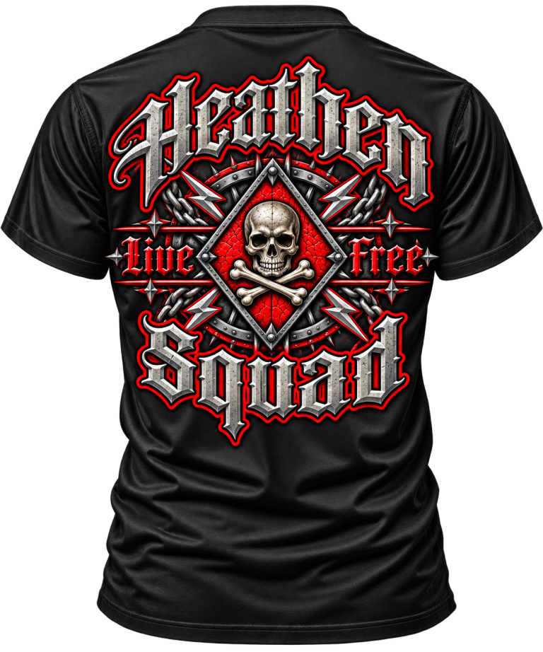 Live Free skull graphic T-shirt back mockup by Heathen Squad