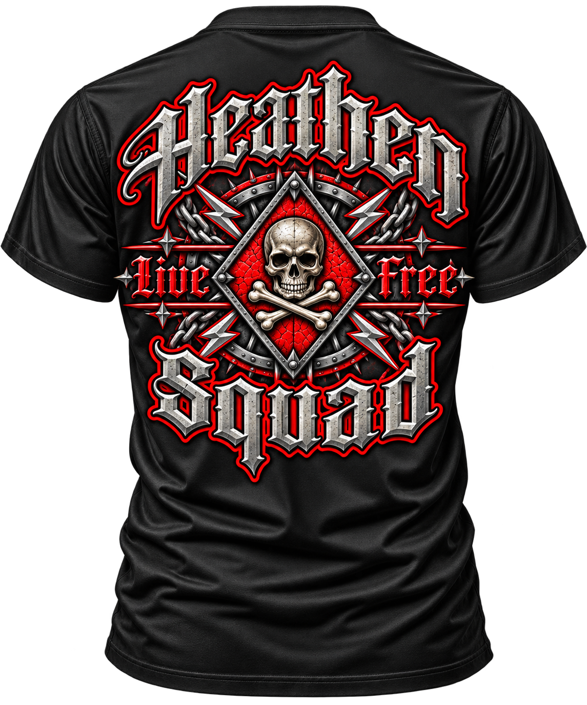 Live Free skull graphic T-shirt back mockup by Heathen Squad